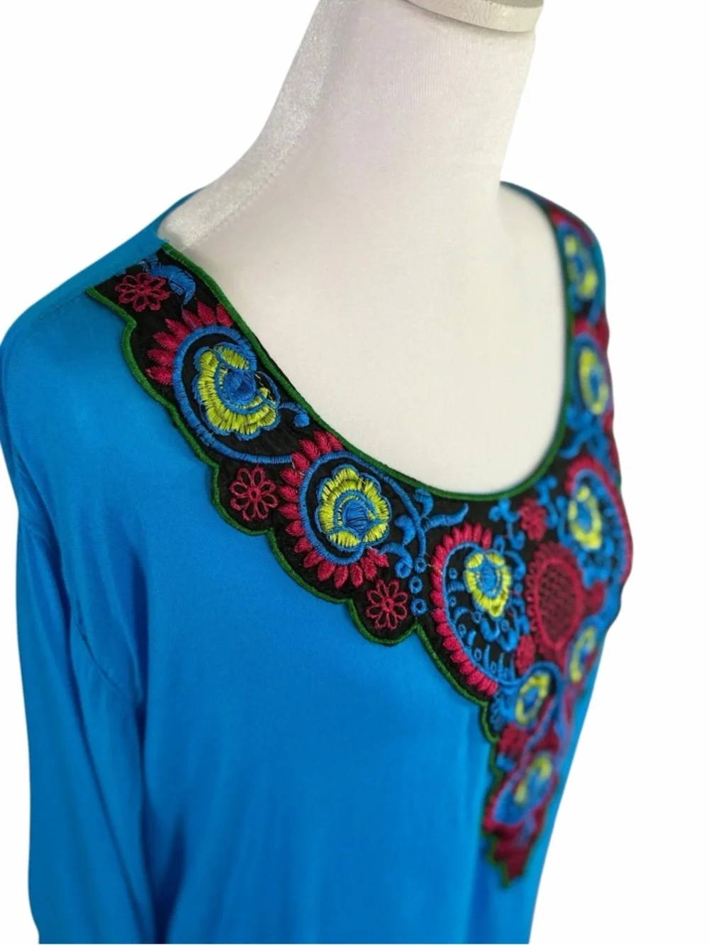 Anji Blue Embroidered Boho Top | Lightweight Flowy Tunic Chic Statement Blouse S